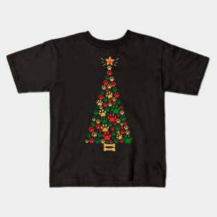 Dog Lovers Cute and Funny Dog Paws Prints Christmas Tree Kids T-Shirt